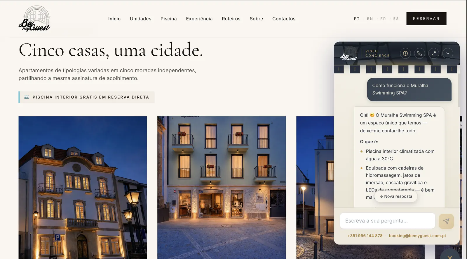 O assistente da Bemyguest aberto sobre o site, a explicar em português o que é o Muralha Swimming SPA.