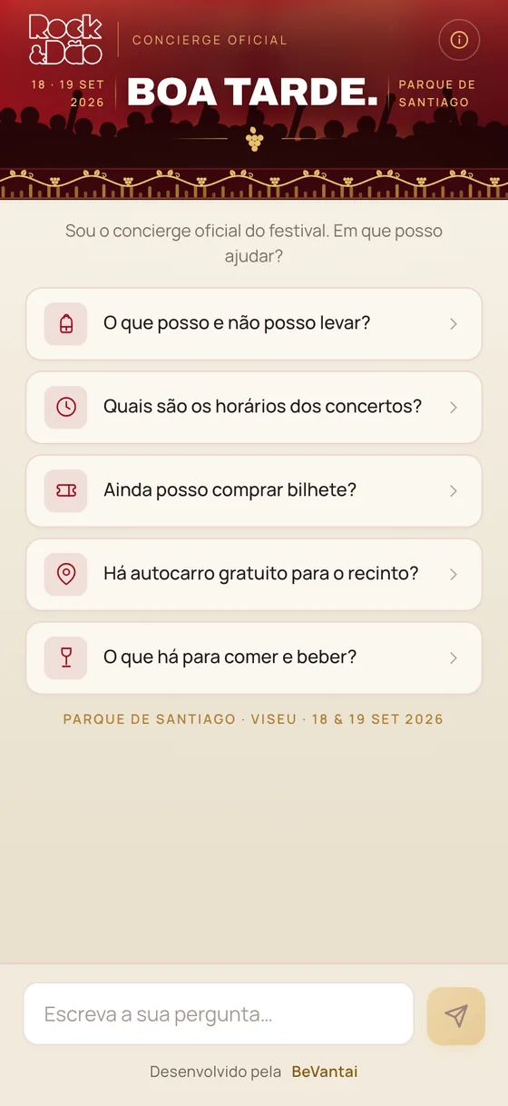 O concierge oficial do Rock & Dão no telemóvel, com as perguntas sugeridas.