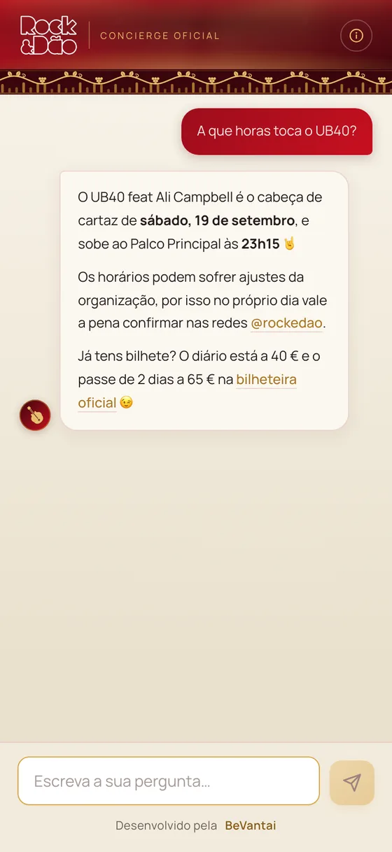 O concierge do Rock & Dão a responder à pergunta «A que horas toca o UB40?».